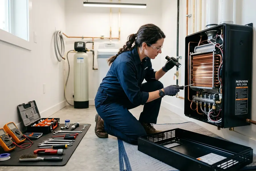 Water Heater Jockey plumber servicing a tankless water heater in Fort Edward
